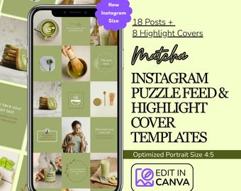 Plantilla de Instagram con rompecabezas de matcha verde: Publicaciones y portadas de historias editables en Canva (descarga digital)