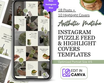 Puede incluir: Plantillas de feed de rompecabezas y portadas destacadas de Instagram Aesthetic Matcha. El diseño incluye 18 publicaciones y 10 portadas destacadas. Las plantillas están optimizadas para el tamaño vertical 4:5 y se pueden editar en Canva.