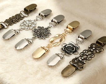 Clips para pantalones/faldas, botones para suéteres que evitan la exposición, hebillas metálicas, no requieren costura, cierres de color bronce.