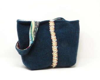 Felted Wool Purse, Recycled Sweater, Handmade Teal Bag, Amy Butler