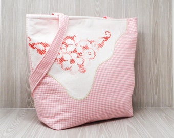 Pink and White Purse, Gingham Bag, Shoulder Bag, Embroidered Linen