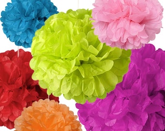 May include: Six tissue paper pom-poms in various colors, including red, orange, yellow, green, blue, and purple. The pom-poms are all the same size and are hanging from the ceiling.