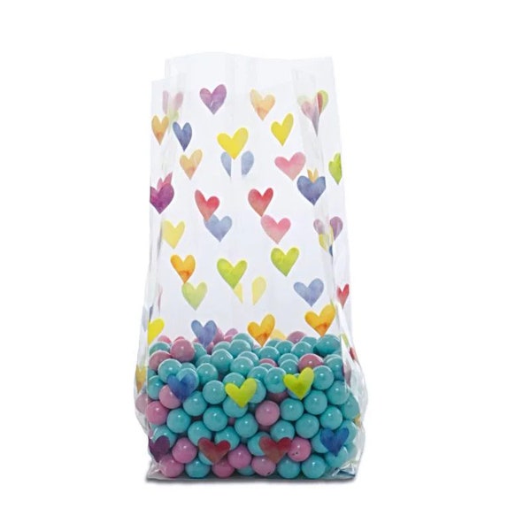 20 - 3 1/2 x 7 1/2 x 2 RAINBOW Hearts printed Cello BAGS