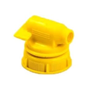 May include: A bright yellow plastic bottle cap with a spout and a screw-on base. The cap has a ribbed design on the base and a small, angled spout. The overall design is simple and functional.