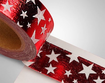 9/16" X 10 Yds Red with White Stars on Foil Washi Tape