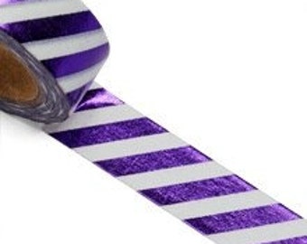 9/16" X 10 Yds Purple/White Metallic Diagonal Stripe Washi Tape