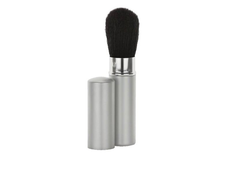 May include: A silver retractable makeup brush with black bristles. The brush is in a closed position.