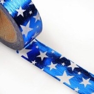 9/16" X 10 Yds Blue with White Stars on Foil Washi Tape