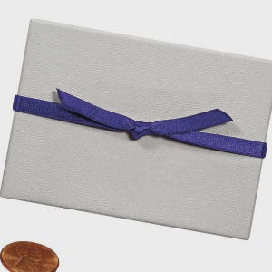 May include: A small, rectangular gift box with a textured, wave-like pattern. The box is light gray and secured with a dark purple ribbon tied in a bow. A penny is in the lower left corner.