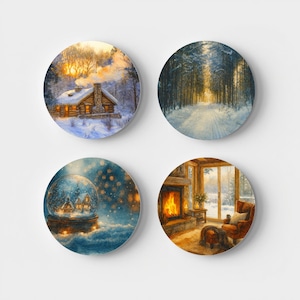 Dessous de verre hivernaux cosy en céramique brillante de style aquarelle (Ensemble de 4)