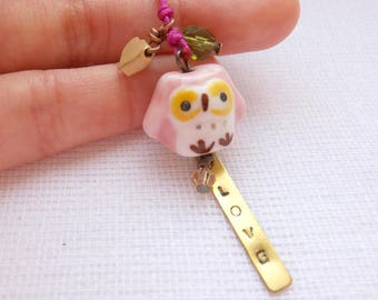 Phone Dust Plug or Zipper Pull Owl Good Luck Charm with custom message tag - Season of Love. Made to Order