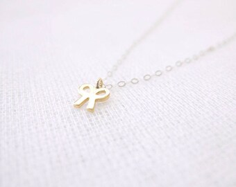Tiny gold plated ribbon bow charm pendant sterling silver necklace - Little Bow