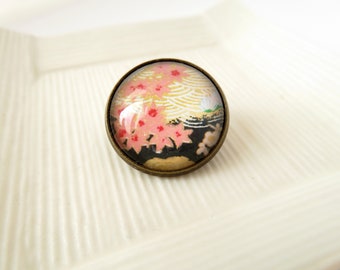 Round glass dome brass framed floral brooch pin - Night Blooms