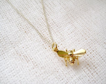 Golden bee charm pendant sterling silver necklace - Honey Dance