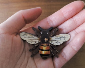 Wooden laser cut bee with brass heart pin badge - Love Buzz