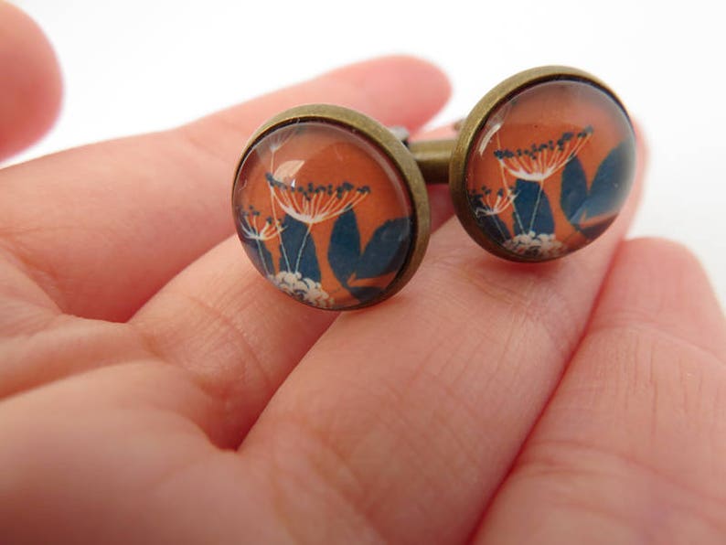 Floral pattern glass dome round cuff links Printed Garden Meadow image 5