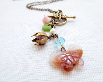 Light violet and orange carnelian butterfly necklace with glass beads - Midsummer Magic 3