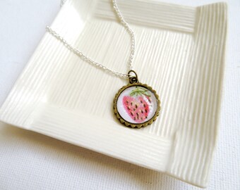 OOAK Long necklace with strawberry round glass pendant - Une Fraise