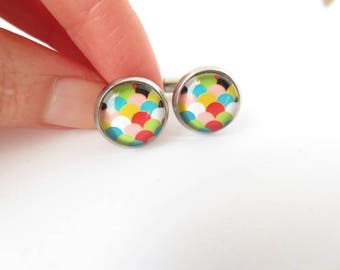 Rainbow scale pattern glass dome cuff links - Jewel Scales