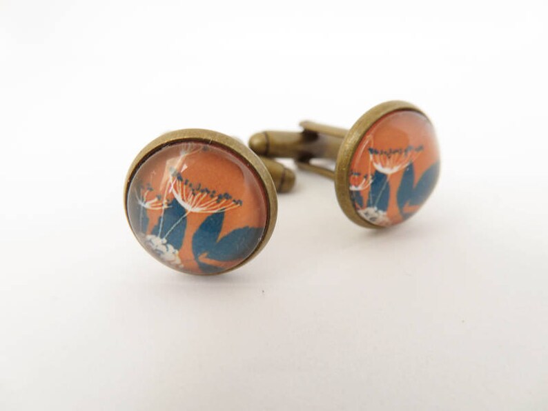 Floral pattern glass dome round cuff links Printed Garden Meadow image 1