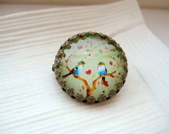 Round glass dome brass framed bird & tree brooch pin - Love Birds