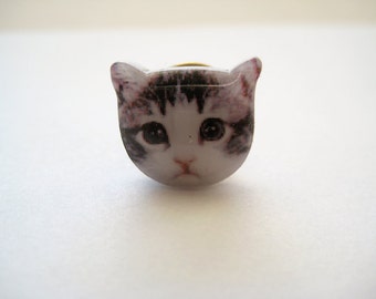 Cat head portrait tie tack pin - Solo the Silver Tabby Cat