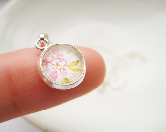 Small glass pink floral pendant sterling silver necklace - Plum Blossom