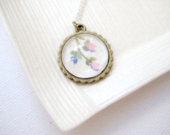 OOAK Long necklace with pink and blue floral round glass pendant - Little Meadow