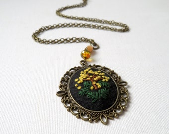 Yellow floral embroidered small flowers pendant long necklace - Sunburst