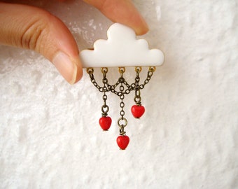 White cloud red hearts chandelier brooch pin - J'aime la pluie