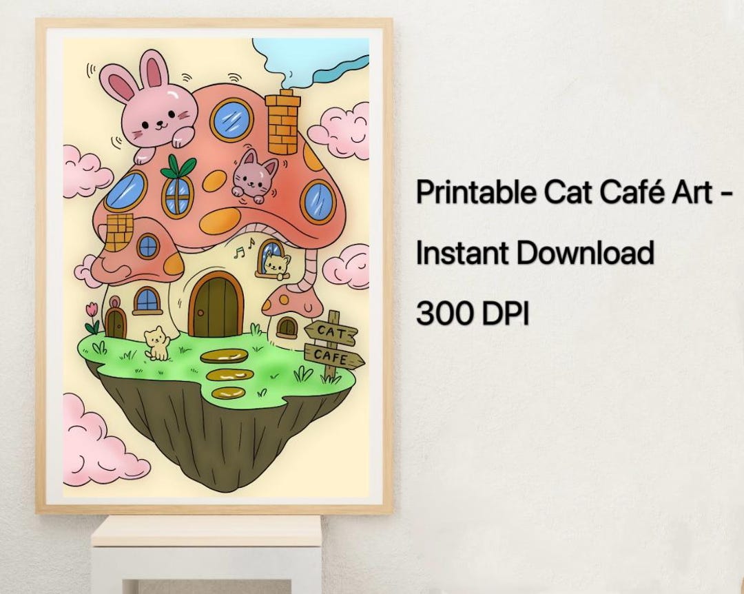 Kawaii Mushroom House Print: Cat Cafe Floating Island Art (digital ...