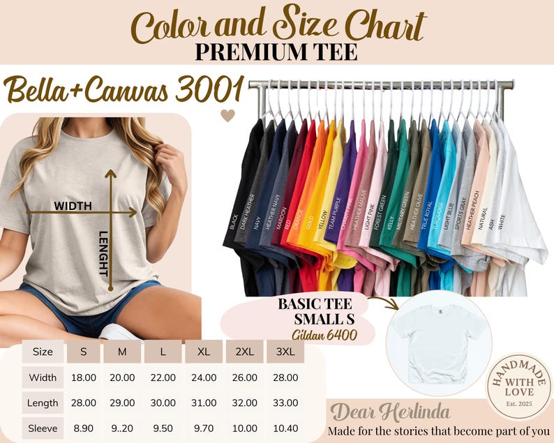 Pu&ograve; includere: Tabella colori e taglie per t-shirt premium. L'immagine mostra una donna che indossa una t-shirt beige, con una tabella delle taglie sottostante. La tabella include le misure di larghezza, lunghezza e manica in cm. Una variet&agrave; di t-shirt colorate sono esposte su grucce.