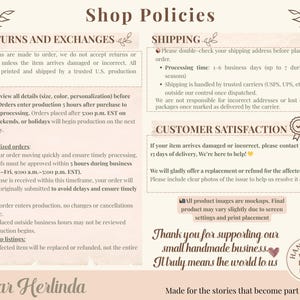 Pu&ograve; includere: Documento beige con le politiche del negozio, inclusi resi, spedizioni e soddisfazione del cliente. Il testo include "Grazie per aver supportato la nostra piccola attivit&agrave; artigianale. Significa davvero il mondo per noi."