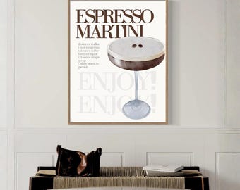Impresión de arte mural de Espresso Martini / Bar de cócteles minimalista / Decoración neutra para cocina y bar / Descarga digital