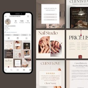 Nagel Instagram 12 mallar | Redigerbara Canva Nail Tech-inlägg | Prislista, policyer, vittnesmål