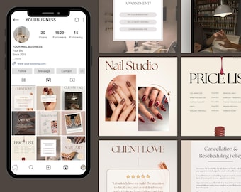 12 plantillas de Instagram para uñas / Publicaciones de uñas técnicas editables en Canva / Lista de precios, políticas y testimonios