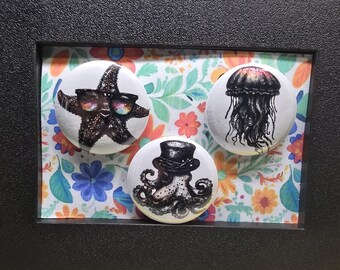 Sea creatures Goth style 3pc 1” (25mm) Pin Button set