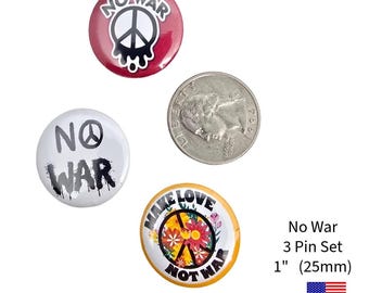 3  pins NO WAR protest  button pin badge, hat pin 1” (25mm) 3pcs set