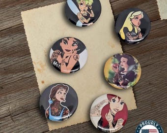 Rebel Princess, tattooed princesses, pin button, hat pin, badge, 6pcs set 1” 25mm