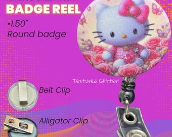 Hello Kitty Glitter Textured retractable badge reel-badge reel- Name tag holder - ID Tag - Badge Clip