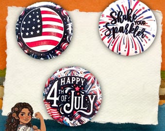 Happy 4th of July, USA flag, 3pc 1” (25mm) Pin Button set
