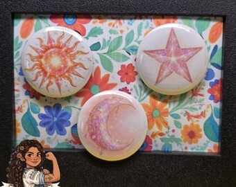 Light pink Star, Sun ,Moon 3pc 1” (25mm) Pin Button set