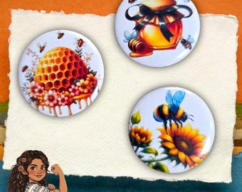 Honey, honey bee, honey comb, bees, 3pc 1” (25mm) Pin Button set
