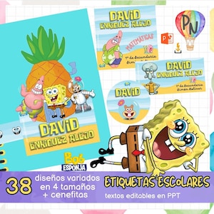 Op de afbeelding: 38 kleurrijke schoollabels met SpongeBob SquarePants-personages. De labels zijn in verschillende maten en bevatten de tekst "DAVID ENRIQUEZ ALEJO" en "Bob Esponja". De labels zijn bewerkbaar in PowerPoint.