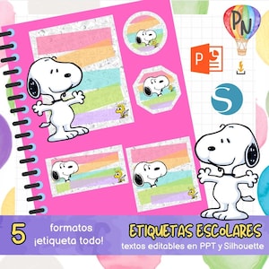 School labels, stickers, Snoopy, Peanuts, personalized, cute.