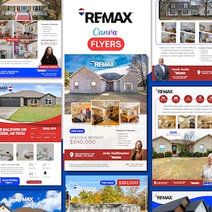 Puede incluir: Una colección de folletos inmobiliarios de RE/MAX, que muestran varias casas en venta. Cada folleto presenta detalles de la propiedad, fotos e información de contacto del agente. Los folletos están diseñados con Canva e incluyen precios que oscilan entre $180,000 y $340,000.