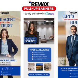 Può includere: Banner a scomparsa REMAX con immagini di agenti immobiliari professionisti. I banner includono testo come "L'agente di cui ti puoi fidare", "Acquistare o vendere?" e "Costruiamo la casa dei tuoi sogni". I banner sono facilmente modificabili in Canva.
