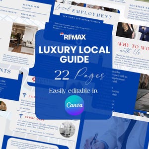 Könnte beinhalten: Eine blau-weiße Broschüre mit dem Titel "Luxury Local Guide" mit dem Text "22 Seiten" und "Easily editable in Canva". Die Broschüre enthält Abschnitte über lokale Beschäftigung, Restaurants und Standortinformationen.