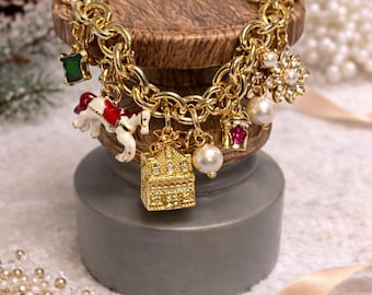 Pulsera con dije Winter Wonderland de Kate Spade, joyería navideña dorada, regalo de Navidad para ella.