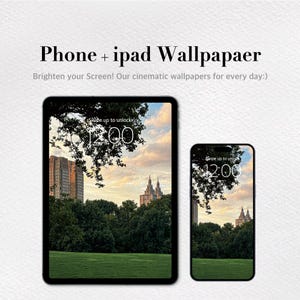 May include: A digital wallpaper set for phone and iPad. The screens display a scenic view of a park with buildings and trees, under a cloudy sky. The time 12:00 is displayed on both screens. The text "Phone + ipad Wallpaper" is at the top.
